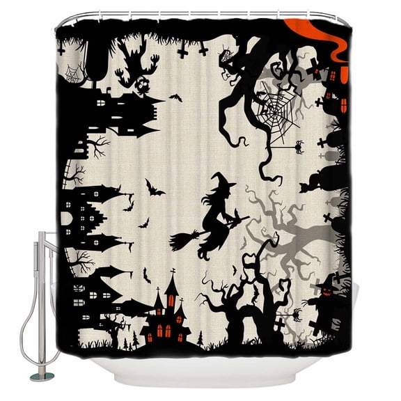 Small Stall Shower Curtain 36x78 Inch Narrow Half Size Halloween Bath Curtains Bathroom Decor Scary Cartoon Castle Forest Trees Retro Waterproof Fabric Shower Curtain Set with Hooks 36 Inch