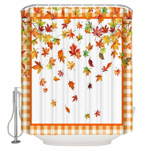 Small Stall Shower Curtain 36x78 Inch Narrow Half Size Maple Leaf Fall Bath Curtains Bathroom Decor Thanksgiving Burnt Orange Plaid Autumn Botanical Watercolor Waterproof Shower Curtain Set 36 Inch