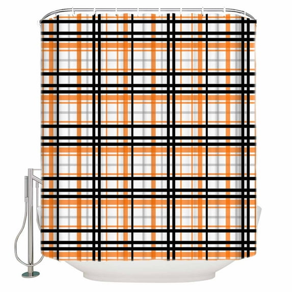 Small Stall Shower Curtain 36x78 Inch Narrow Half Size Orange Black Plaid Bath Curtains Bathroom Decor Farmhouse Orange Black Checkered Waterproof Fabric Shower Curtain Set with Hooks 36 Inch