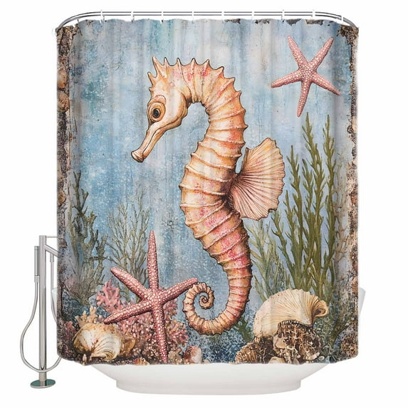 Small Stall Shower Curtain 36x78 Inch Narrow Half Size Orange Seahorse Coastal Bath Curtains Bathroom Decor Nautical Starfish Coral Beach Waterproof Fabric Shower Curtain Set with Hooks 36 Inch