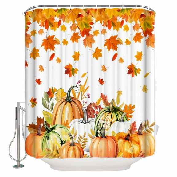 Small Stall Shower Curtain 36x78 Inch Narrow Half Size Orange Thanksgiving Bath Curtains Bathroom Decor Fall Pumpkins Maple Leaves Autumn Waterproof Fabric Shower Curtain Set with Hooks 36 Inch