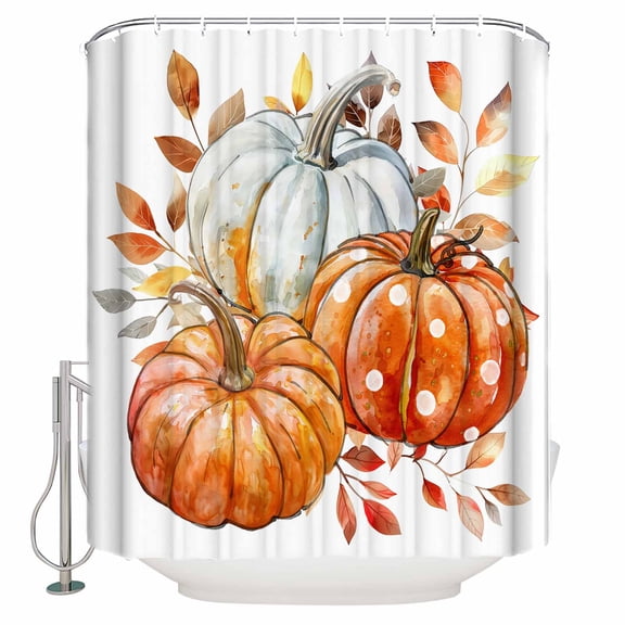 Small Stall Shower Curtain 36x78 Inch Narrow Half Size Orange White Pumpkins Fall Bath Curtains Bathroom Decor Maple Leaf Autumn Harvest Waterproof Fabric Shower Curtain Set with Hooks 36 Inch