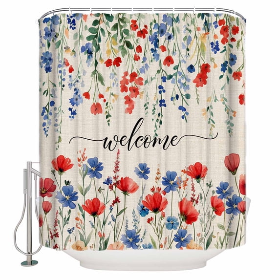 Small Stall Shower Curtain 36x78 Inch Narrow Half Size Pastoral Botanical Bath Curtains Bathroom Decor Blue Red Floral Spring Welcome Rustic Waterproof Fabric Shower Curtain Set with Hooks 36 Inch