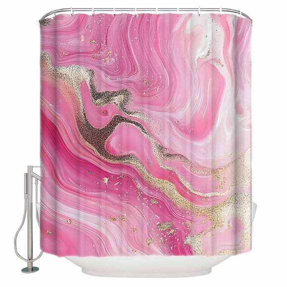 Small Stall Shower Curtain 36x78 Inch Narrow Half Size Pink Marble Bath Curtains Bathroom Decor Golden Modern Ink Painting Abstract Waterproof Fabric Shower Curtain Set with Hooks 36 Inch