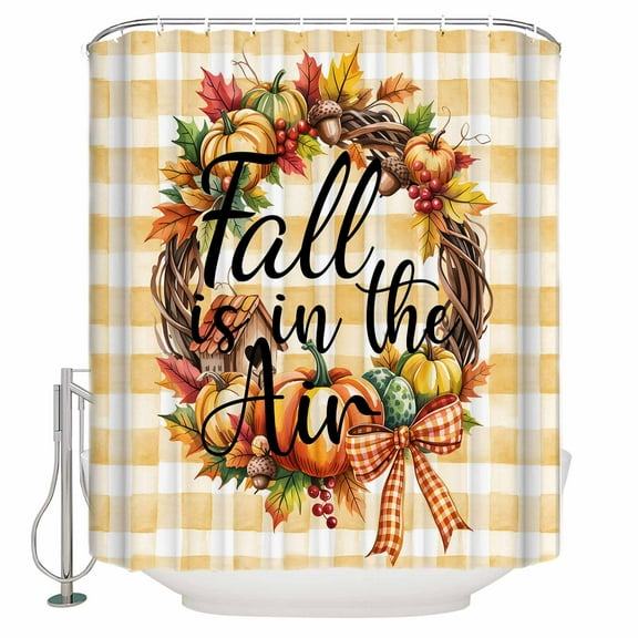 Small Stall Shower Curtain 36x78 Inch Narrow Half Size Pumpkin Autumn Bath Curtains Bathroom Decor Fall Maple Leaf Botanical Orange Check Waterproof Fabric Shower Curtain Set with Hooks 36 Inch