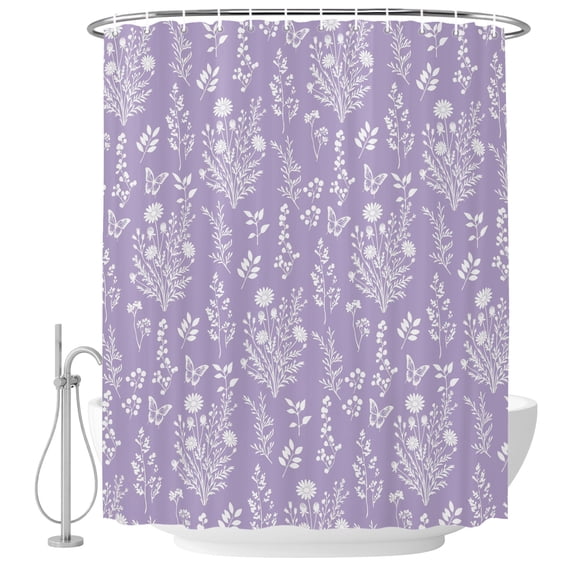 Small Stall Shower Curtain 36x78 Inch Narrow Half Size Purple Botanical Bath Curtains Bathroom Decor, Spring Summer Chic Wildflowers Waterproof Fabric Shower Curtain Set with Hooks 36 Inch