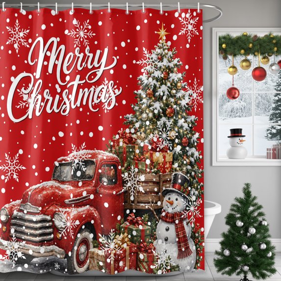 Small Stall Shower Curtain 36x78 Inch Narrow Half Size Red Truck Christmas Bath Curtains Bathroom Decor, Xmas Tree Snowman Snowflake Waterproof Fabric Shower Curtain Set with Hooks 36 Inch