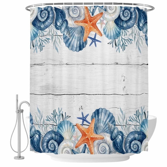 Small Stall Shower Curtain 36x78 Inch Narrow Half Size Summer Coastal Bath Curtains Bathroom Decor, Sea Ocean Starfish Shells Coral Conch Wood Gray Waterproof Shower Curtain Set with Hooks 36 Inch