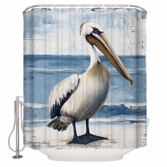 Small Stall Shower Curtain 36x78 Inch Narrow Half Size Summer Seaside Bath Curtains Bathroom Decor Pelican Birds Oil Painting Ocean Art Waterproof Fabric Shower Curtain Set with Hooks 36 Inch