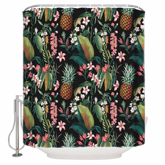 Small Stall Shower Curtain 36x78 Inch Narrow Half Size Summer Tropical Bath Curtains Bathroom Decor Pineapple Floral Botanical Leaves Waterproof Fabric Shower Curtain Set with Hooks 36 Inch