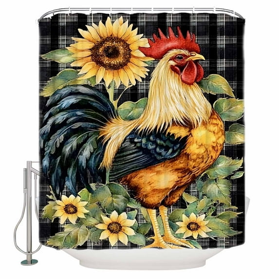 Small Stall Shower Curtain 36x78 Inch Narrow Half Size Sunflower Rooster Bath Curtains Bathroom Decor Retro Plaid Summer Flower Watercolor Waterproof Fabric Shower Curtain Set with Hooks 36 Inch