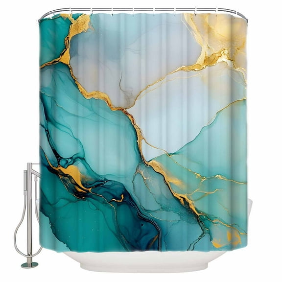 Small Stall Shower Curtain 36x78 Inch Narrow Half Size Teal Ombre Marble Bath Curtains Bathroom Decor Modern Ink Painted Abstract Waterproof Fabric Shower Curtain Set with Hooks 36 Inch