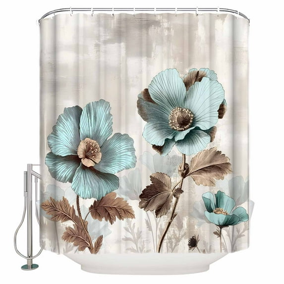 Small Stall Shower Curtain 36x78 Inch Narrow Half Size Tulip Flower Bath Curtains Bathroom Decor Teal Brown Vintage Floral Plant Botanical Waterproof Fabric Shower Curtain Set with Hooks 36 Inch