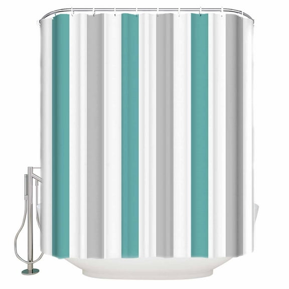 Small Stall Shower Curtain 36x78 Inch Narrow Half Size Turquoise Striped Bath Curtains Bathroom Decor Geometric Vertical Grey Stripes White Waterproof Fabric Shower Curtain Set with Hooks 36 Inch