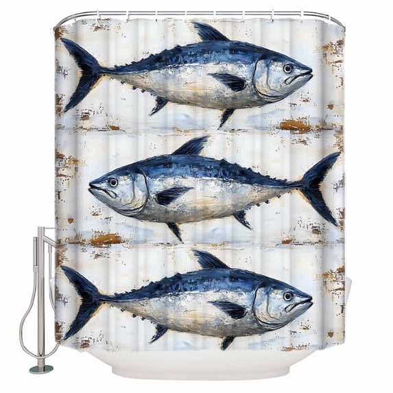 Small Stall Shower Curtain 36x78 Inch Narrow Half Size Vintage Blue Fish Bath Curtains Bathroom Decor Coastal Nautical Beach Wooden Waterproof Fabric Shower Curtain Set with Hooks 36 Inch