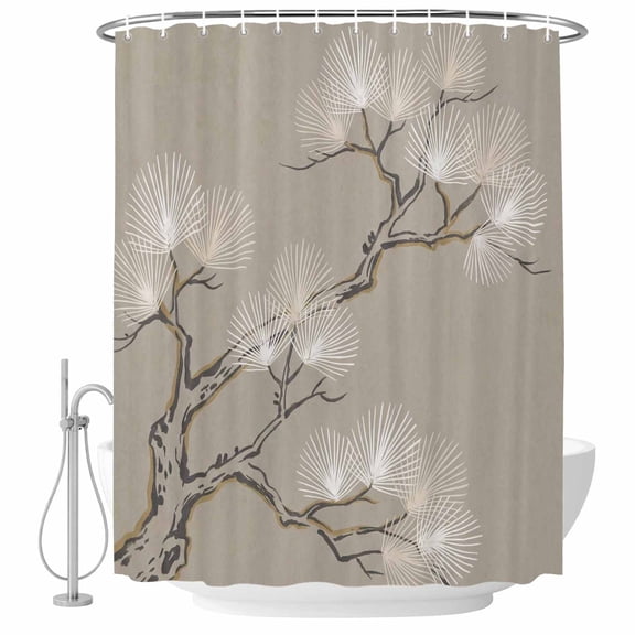 Small Stall Shower Curtain 36x78 Inch Narrow Half Size Vintage Botanical Bath Curtains Bathroom Decor, Ink Wash Lines Brown Plants Waterproof Fabric Shower Curtain Set with Hooks 36 Inch