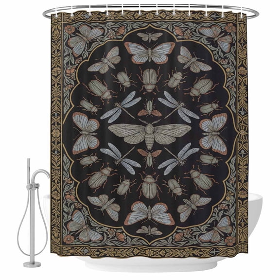 Small Stall Shower Curtain 36x78 Inch Narrow Half Size Vintage Dragonfly Bath Curtains Bathroom Decor, Abstract Butterflies Flowers Black Waterproof Fabric Shower Curtain Set with Hooks 36 Inch