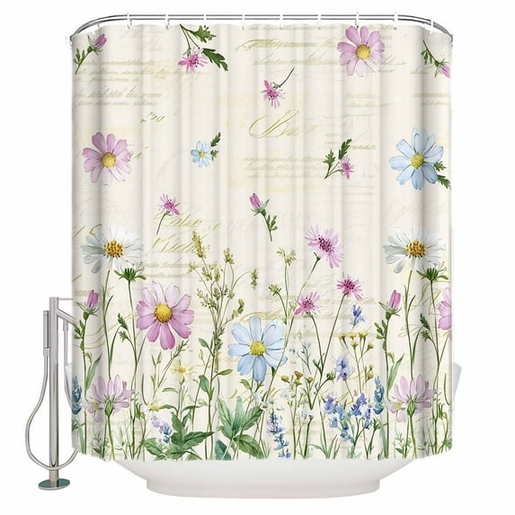 Small Stall Shower Curtain 36x78 Inch Narrow Half Size Vintage Flower Bath Curtains Bathroom Decor Botanical Wildflower Plant Country Daisy Waterproof Fabric Shower Curtain Set with Hooks 36 Inch