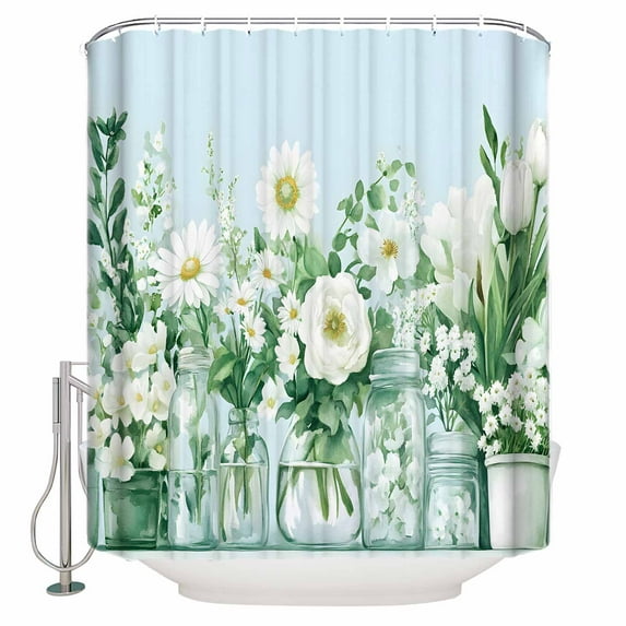 Small Stall Shower Curtain 36x78 Inch Narrow Half Size White Floral Vases Bath Curtains Bathroom Decor Tulip Spring Flowers Blue Waterproof Fabric Shower Curtain Set with Hooks 36 Inch