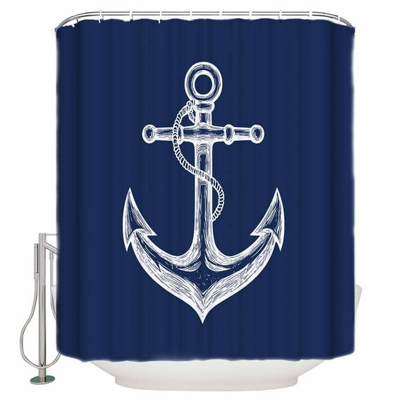 Small Stall Shower Curtain 48x72 Inch Narrow Half Size Anchor Navy Blue Bath Curtains Bathroom Decor Nautical Coastal Minimalist Boat Rope Waterproof Fabric Shower Curtain Set with Hooks 48 Inch