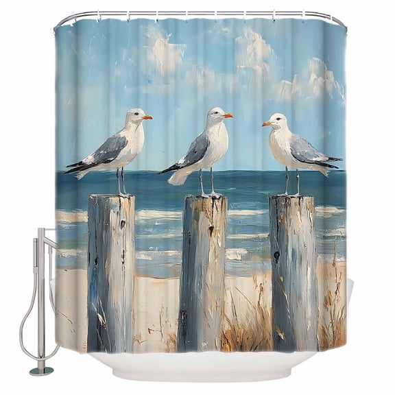 Small Stall Shower Curtain 48x72 Inch Narrow Half Size Beach Seagull Bath Curtains Bathroom Decor Summer Ocean Birds Blue Oil Painting Waterproof Fabric Shower Curtain Set with Hooks 48 Inch