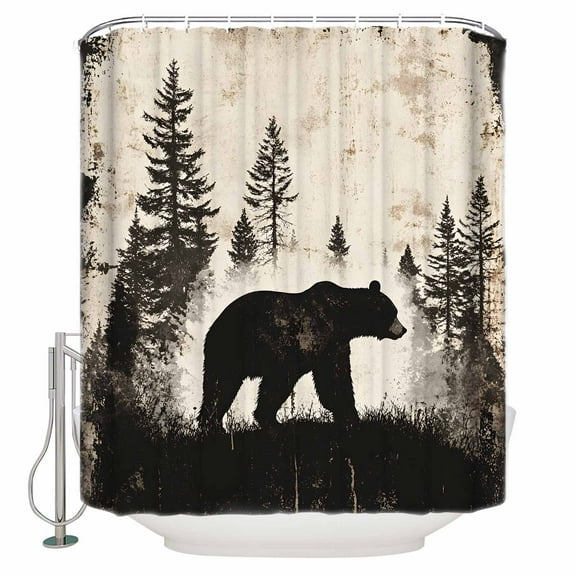 Small Stall Shower Curtain 48x72 Inch Narrow Half Size Black Beige Rustic Bear Bath Curtains Bathroom Decor Farmhouse Country Wildlife Woodland Waterproof Fabric Shower Curtain Set with Hooks 48 Inch
