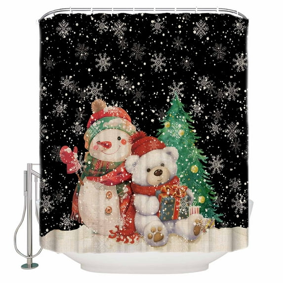 Small Stall Shower Curtain 48x72 Inch Narrow Half Size Black Christmas Bath Curtains Bathroom Decor Snowman Bear Xmas Tree Snowflake Waterproof Fabric Shower Curtain Set with Hooks 48 Inch