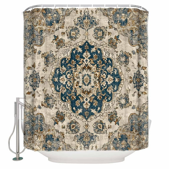 Small Stall Shower Curtain 48x72 Inch Narrow Half Size Blue Brown Boho Bath Curtains Bathroom Decor Ethnic Vintage Southwestern Geometric Waterproof Fabric Shower Curtain Set with Hooks 48 Inch