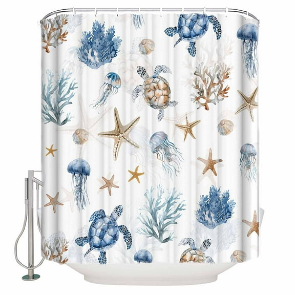 Small Stall Shower Curtain 48x72 Inch Narrow Half Size Blue Brown Coastal Bath Curtains Bathroom Decor Nautical Summer Beach Sea Turtle Waterproof Fabric Shower Curtain Set with Hooks 48 Inch