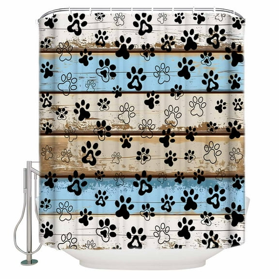 Small Stall Shower Curtain 48x72 Inch Narrow Half Size Blue Brown Paw Prints Bath Curtains Bathroom Decor Vintage Farmhouse Rustic Wooden Grain Waterproof Fabric Shower Curtain Set with Hooks 48 Inch
