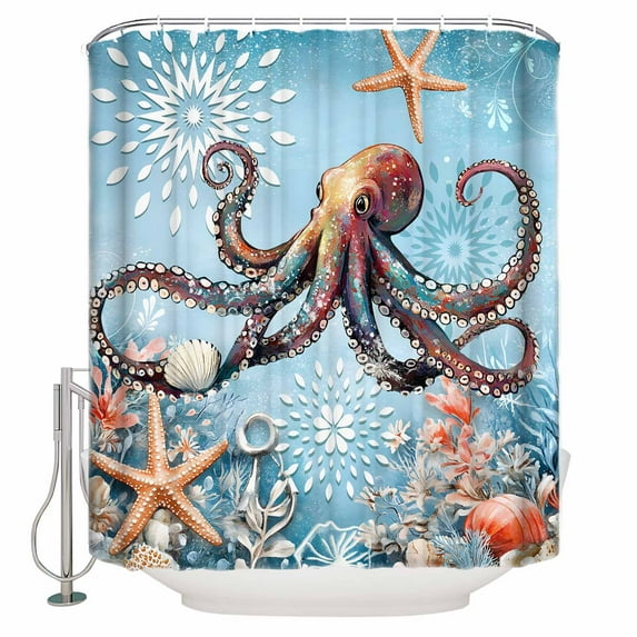 Small Stall Shower Curtain 48x72 Inch Narrow Half Size Blue Coastal Octopus Bath Curtains Bathroom Decor Summer Beach Starfish Botanical Waterproof Fabric Shower Curtain Set with Hooks 48 Inch