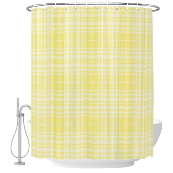 Small Stall Shower Curtain 48x72 Inch Narrow Half Size Buffalo Plaid Bath Curtains Bathroom Decor, Yellow White Farmhouse Gingham Striped Waterproof Fabric Shower Curtain Set with Hooks 48 Inch