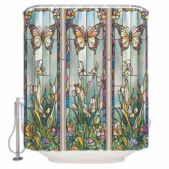 Small Stall Shower Curtain 48x72 Inch Narrow Half Size Butterfly Stained Glass Bath Curtains Bathroom Decor Summer Butterflies Botanical Vintage Waterproof Fabric Shower Curtain Set Hooks 48 Inch