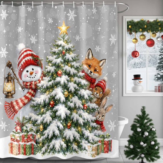 Small Stall Shower Curtain 48x72 Inch Narrow Half Size Christmas Bath Curtains Bathroom Decor, Plush Snowman Xmas Tree Fox Snowflake Grey Waterproof Fabric Shower Curtain Set with Hooks 48 Inch