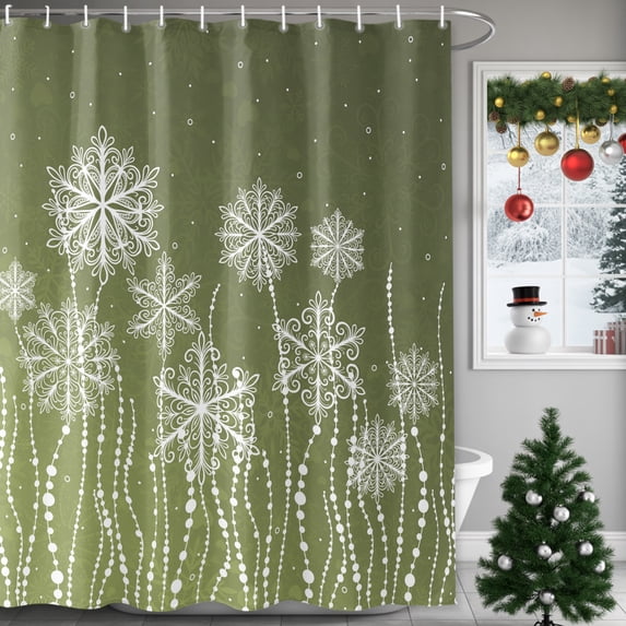 Small Stall Shower Curtain 48x72 Inch Narrow Half Size Christmas Snowflakes Bath Curtains Bathroom Decor, Xmas Sage Green Snowy Winter Waterproof Fabric Shower Curtain Set with Hooks 48 Inch