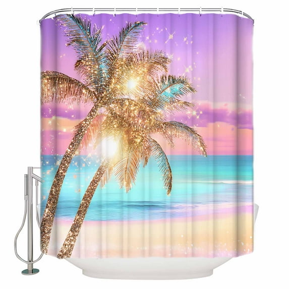 Small Stall Shower Curtain 48x72 Inch Narrow Half Size Coastal Bath Curtains Bathroom Decor Ocean Palm Tree Summer Beach Purple Blue Waterproof Fabric Shower Curtain Set with Hooks 48 Inch