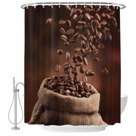 Small Stall Shower Curtain 48x72 Inch Narrow Half Size Coffee Beans Bath Curtains Bathroom Decor, Dark Brown Falling Cafe Bean Sacks Modern Waterproof Fabric Shower Curtain Set with Hooks 48 Inch