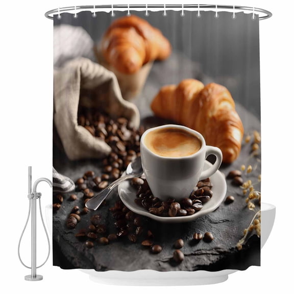 Small Stall Shower Curtain 48x72 Inch Narrow Half Size Coffee Beans Bath Curtains Bathroom Decor, Hot Latte Cup Bread Rustic Cafe Time Waterproof Fabric Shower Curtain Set with Hooks 48 Inch