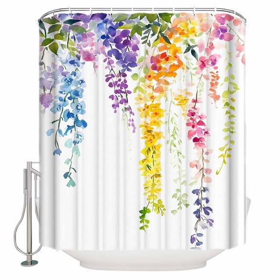 Small Stall Shower Curtain 48x72 Inch Narrow Half Size Colorful Botanical Bath Curtains Bathroom Decor Spring Floral Weeping Watercolor Waterproof Fabric Shower Curtain Set with Hooks 48 Inch
