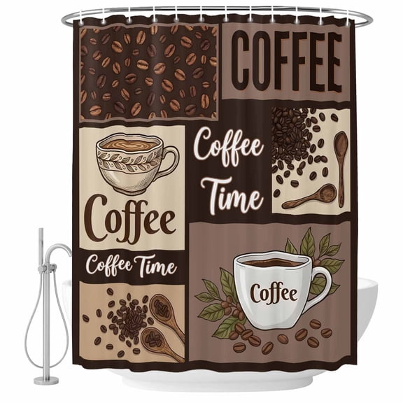 Small Stall Shower Curtain 48x72 Inch Narrow Half Size Dark Brown Coffee Time Bath Curtains Bathroom Decor, Vintige Farmhouse Coffee Beans Waterproof Fabric Shower Curtain Set with Hooks 48 Inch