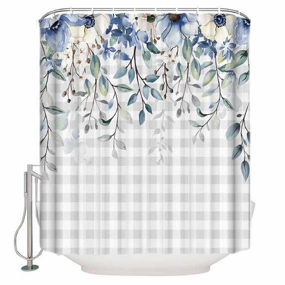 Small Stall Shower Curtain 48x72 Inch Narrow Half Size Eucalyptus Flowers Bath Curtains Bathroom Decor Botanical Floral Leaves Gray Plaid Waterproof Fabric Shower Curtain Set with Hooks 48 Inch