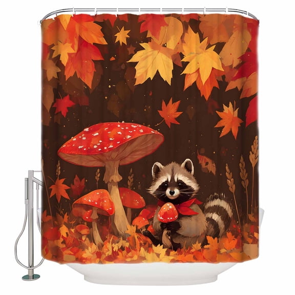 Small Stall Shower Curtain 48x72 Inch Narrow Half Size Fall Mushroom Raccoon Bath Curtains Bathroom Decor Red Orange Autumn Maple Leaf Waterproof Fabric Shower Curtain Set with Hooks 48 Inch