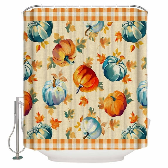 Small Stall Shower Curtain 48x72 Inch Narrow Half Size Fall Orange Blue Pumpkins Bath Curtains Bathroom Decor Orange Plaid Thanksgiving Waterproof Fabric Shower Curtain Set with Hooks 48 Inch