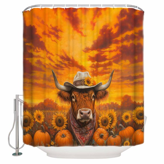 Small Stall Shower Curtain 48x72 Inch Narrow Half Size Fall Sunflower Cow Bath Curtains Bathroom Decor Thanksgiving Pumpkin Autumn Leaves Waterproof Fabric Shower Curtain Set with Hooks 48 Inch