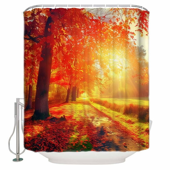 Small Stall Shower Curtain 48x72 Inch Narrow Half Size Fall Thanksgiving Bath Curtains Bathroom Decor Red Orange Sunrise Forest Autumn Waterproof Fabric Shower Curtain Set with Hooks 48 Inch