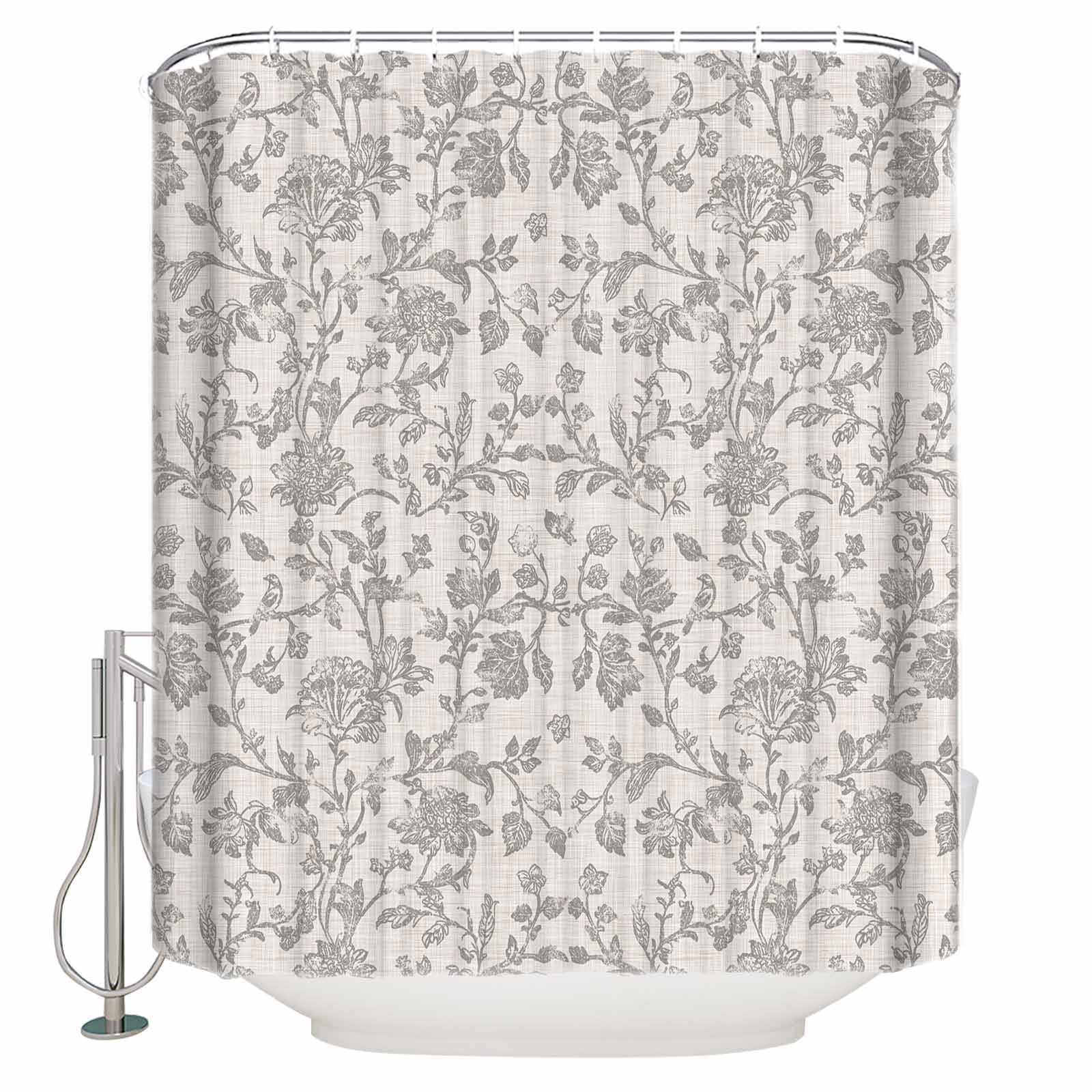 Small Stall Shower Curtain 48x72 Inch Narrow Half Size Farmhouse Flower Bath Curtains Bathroom Decor Botanical Vintage Grey Leaf Plant Waterproof Fabric Shower Curtain Set with Hooks 48 Inch
