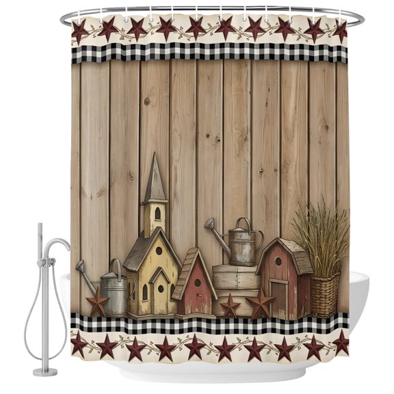 Small Stall Shower Curtain 48x72 Inch Narrow Half Size Farmhouse Wooden Bath Curtains Bathroom Decor, Vintage Barn Star Western Waterproof Fabric Shower Curtain Set with Hooks 48 Inch