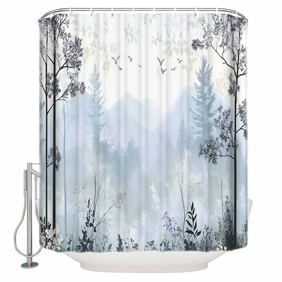 Small Stall Shower Curtain 48x72 Inch Narrow Half Size Foggy Forest Bath Curtains Bathroom Decor Vintage Mountain Botanical Waterproof Fabric Shower Curtain Set with Hooks 48 Inch