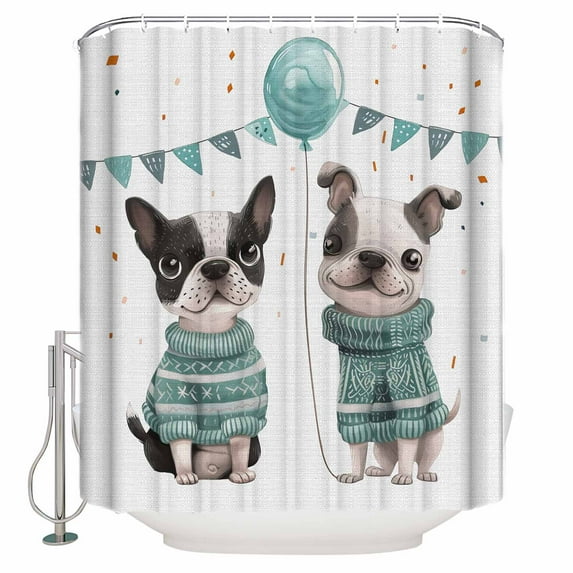 Small Stall Shower Curtain 48x72 Inch Narrow Half Size Funny Dogs Bath Curtains Bathroom Decor Country Green Animal Pets Balloon Celebration Waterproof Fabric Shower Curtain Set with Hooks 48 Inch