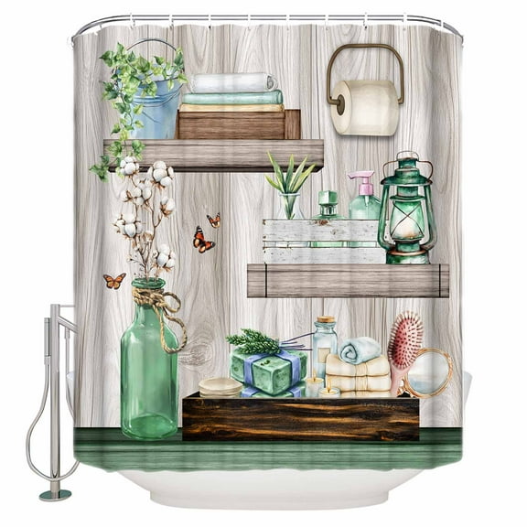 Small Stall Shower Curtain 48x72 Inch Narrow Half Size Green Gray Bath Curtains Bathroom Decor Farmhouse Summer Botanical Wooden Waterproof Fabric Shower Curtain Set with Hooks 48 Inch